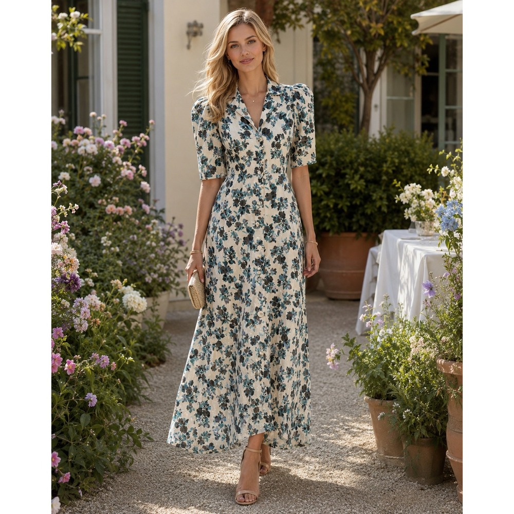 Tuckernuck Budding Bluebell Hadley Floral Print Linen Midi Dress Blue Blooms S